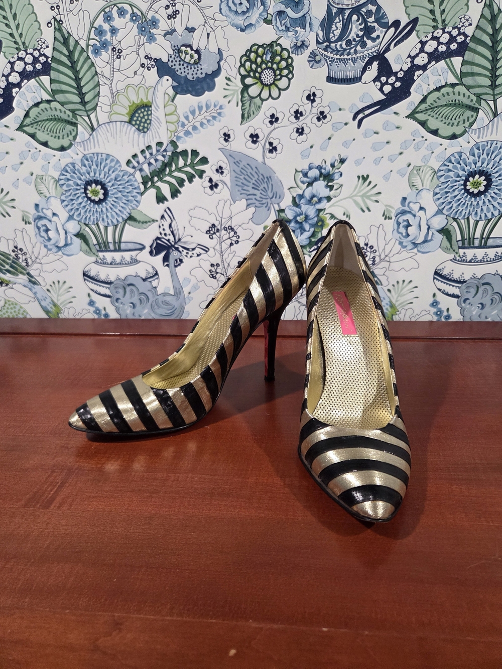 Betsey Johnson Black and Gold Striped Pointed-Toe Stilettos